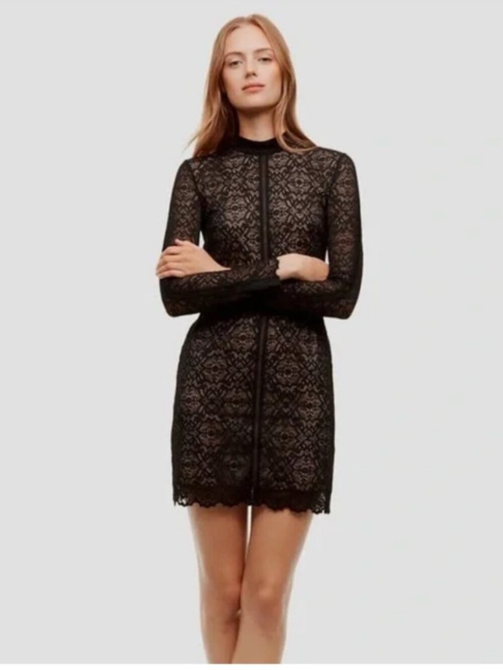 Wilfred Janvry Black Lace Dress by Aritzia with Sheer Sleeves and Black Underlay